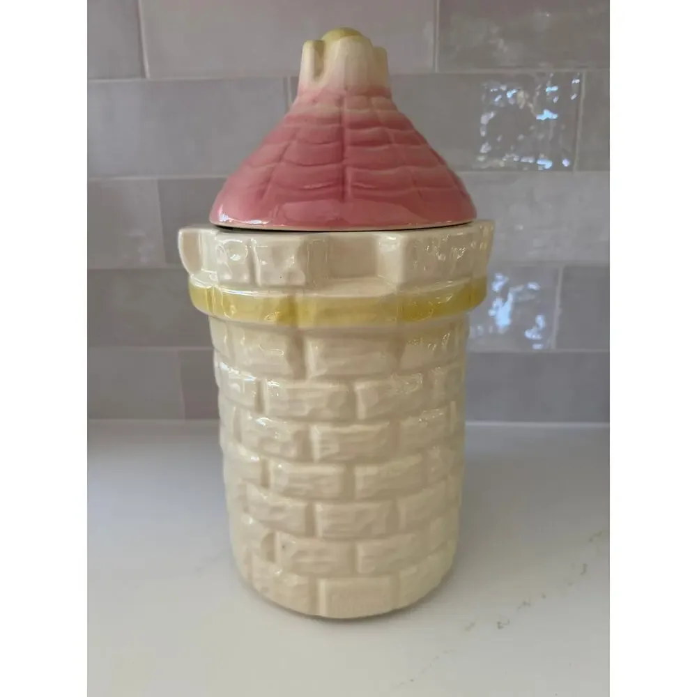 Vtg Collectible Bisque Cardinal China Castle Tower Cookie Jar Canister USA 1950s